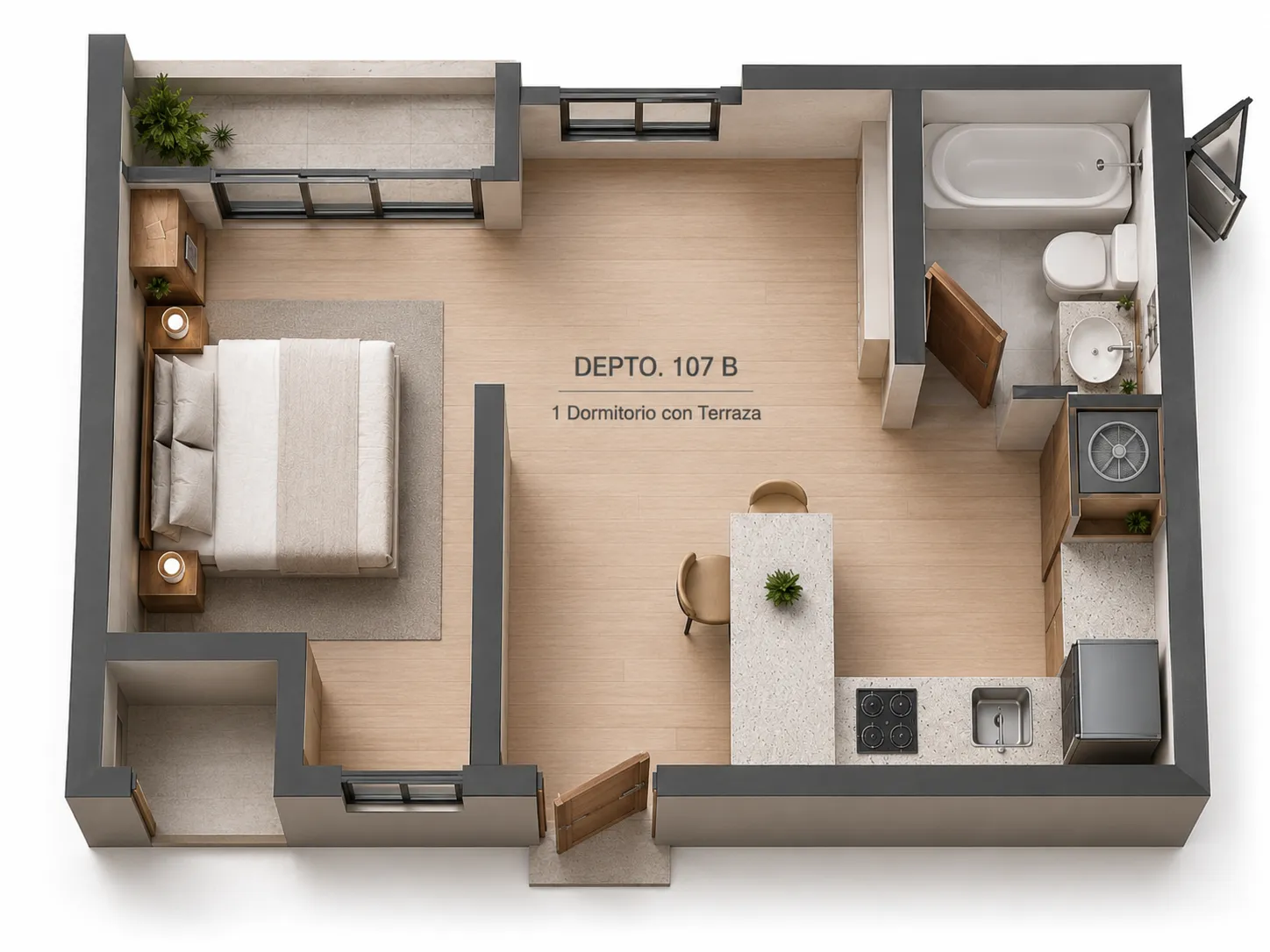 Planta referencial departamento 1 Dormitorio, Depto 107 B